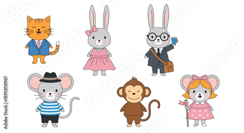 Diverse group of cute cartoon animal characters including a cat, rabbits, mice, and a monkey dressed in colorful human clothing as professionals.