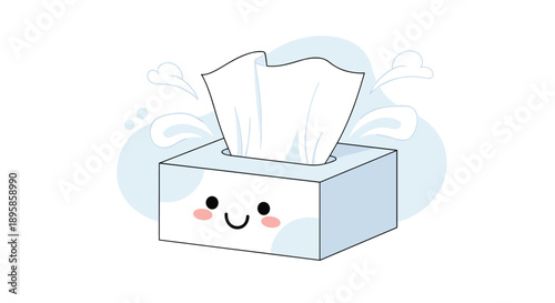Cute smiling tissue box character with soft white tissues poking out, represented in a friendly and helpful cartoon style for home health.