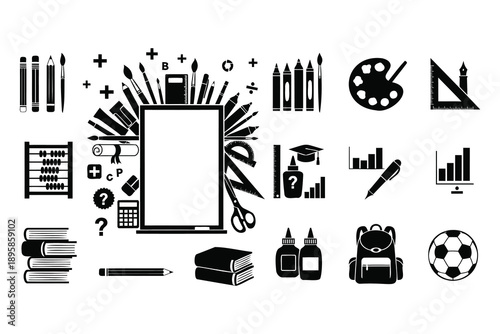 School supplies and stationery icons  education and office tools  learning and teaching aids
