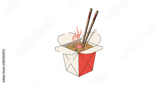 Open Chinese takeout box filled with hot noodles and vegetables with a pair of wooden chopsticks resting inside, with steam rising up from food.