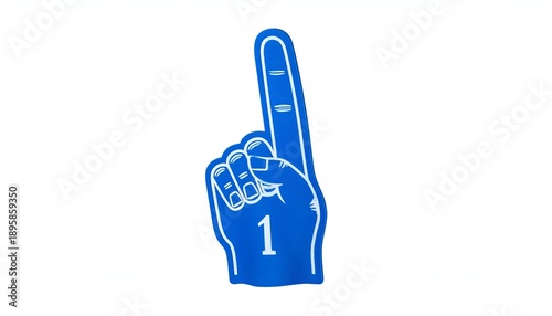 Blue foam finger with white outline and number 