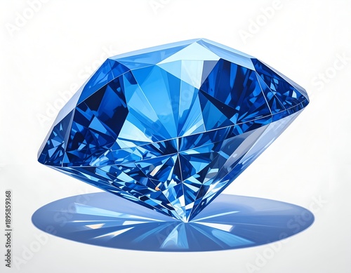 Blue gemstone Intricate facets reflect light. Crisp shadow on white background. High clarity, beautiful simulated jewel