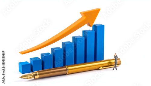 Blue graph bars climb, with a large orange arrow, next to a golden pen and small figurine on white