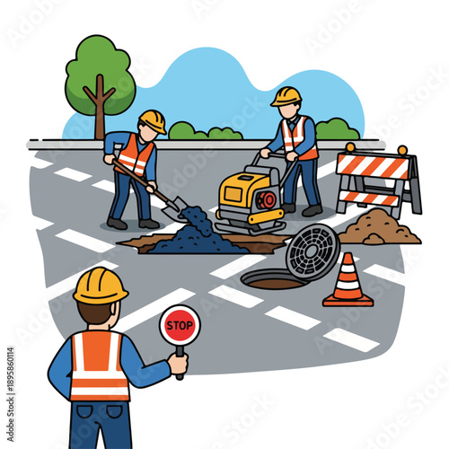 Road Workers Repairing Asphalt with Machinery.