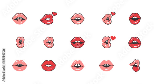 A vibrant collection of diverse lip art designs, featuring bold red lipstick and charming heart accents for a playful and romantic aesthetic