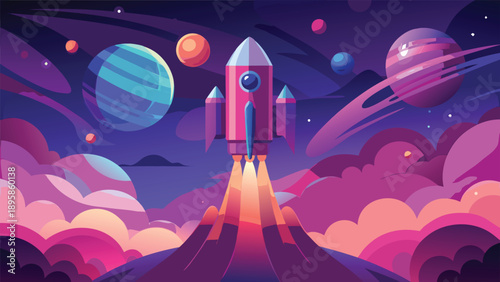 Stylized Rocket Ship Launching through Cosmic Space with Planets and Vibrant Purple Nebula Clouds in Flat Vector Art Style..eps