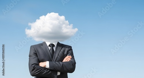 Person in Suit with Cloud Head, Head in the Clouds Concept, Surreal Business Whimsy