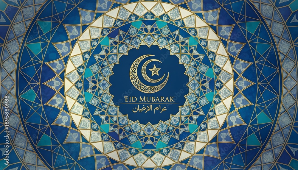 Fototapeta premium Golden Eid Mubarak Crescent Moon Islamic Pattern Celebration Greeting Background