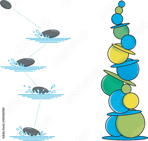 Stone skipping on water with splash ripples and abstract stacked balance stones vector illustration