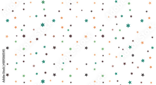Scattered small star shapes in muted colors on a white background, vector art