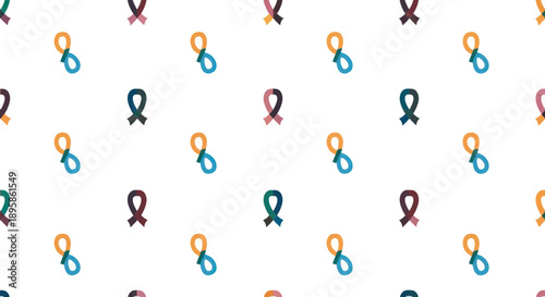 Seamless pattern of small ribbon and loop icons in muted colors on a white background.