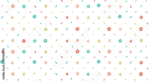 Small abstract scattered floral shapes and dashes on white background, flat design illustration