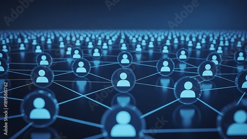 Digital network of blue glowing human user icons connected across a dark background