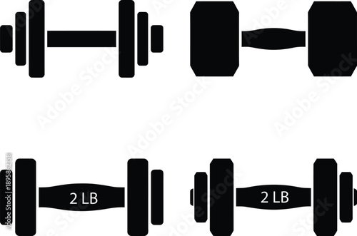 Simple black silhouette illustrations of four different dumbbells with weight labels on white background for fitness and exercise purposes and designs.