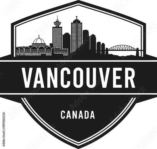 Professional black and white shield emblem for Vancouver Canada featuring a detailed city skyline silhouette and mountain backdrop.