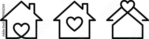 Minimalist house icons with heart symbols representing love for home and real estate concept in simple black line art style