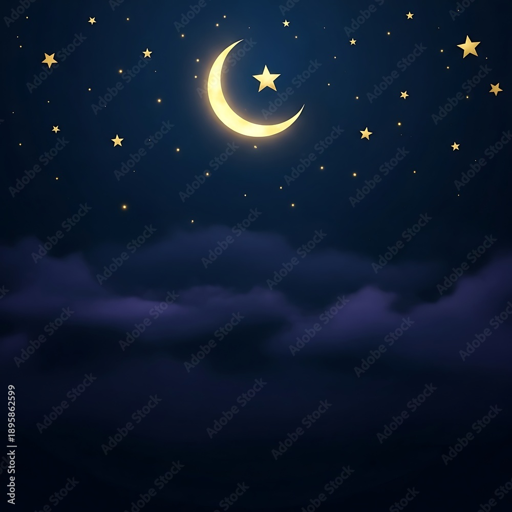 Naklejka premium Islamic Night Sky Background with Golden Crescent Moon and Stars – Elegant Ramadan and Eid Celebration Graphic