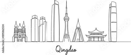 Qingdao China City Skyline Minimalist Continuous Line Art Vector Illustration Featuring May Fourth Square Monument And Modern Skyscrapers
