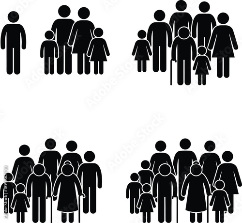 Four different family structures depicted with simple black and white graphic figures showing various generations and family sizes in a clear visual representation of family dynamics.