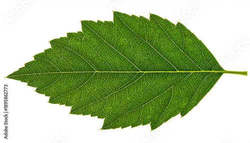 Bright green leaf isolated on white background, showing intricate vein patterns and serrated edges