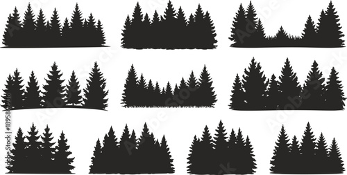 Dense evergreen forest silhouette collection with pine and fir trees, woodland borders set, black conifer landscape illustration