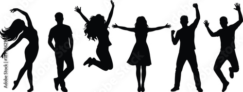 Silhouettes of expressive people in dynamic poses, joyful movement illustration, celebration and freedom concept, white background, energetic figures