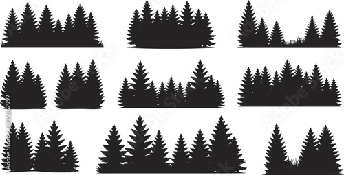 Evergreen forest silhouette set featuring pine and fir trees, woodland borders collection, natural black conifer landscape illustration