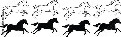 Running horse silhouette and outline set showing galloping equine poses in motion isolated on white background