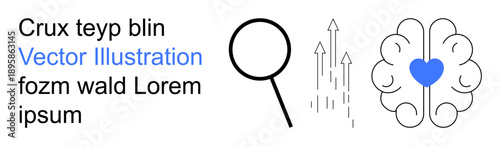 Research, growth, education, innovation, problem-solving, mindset. Magnifying glass, rising arrows brain with heart. Research and growth concepts with visual metaphors