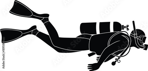 Scuba diver silhouette swimming underwater with oxygen tank and fins isolated on white background professional diving illustration