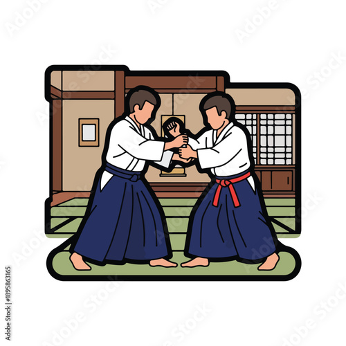 Two Men Practicing Aikido Martial Arts.