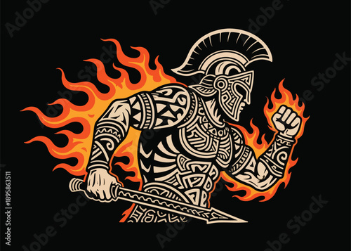 Abstract Spartan Warrior on Fire Illustrator Artwork Creative Design Template 