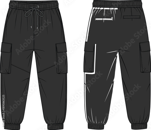 Technical flat sketch of stylish black cargo jogger pants with elasticated waist and adjustable drawcord and cuff detail front and back CAD vector illustration