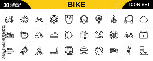 Bike and Cycling Outline Icon Set – Minimal Sport, Fitness and Travel Linear Symbols for Bicycle Riding and Eco Transportation, Editable Stroke, Modern Vector Illustration