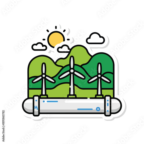 Wind Turbines Cartoon Renewable Energy Illustration.