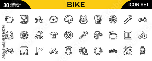 Bike and Cycling Outline Icon Set – Minimal Sport, Fitness and Travel Linear Symbols for Bicycle Riding and Eco Transportation, Editable Stroke, Modern Vector Illustration