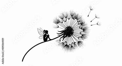 A delicate fairy perched on a dandelion stem, illustrated in black and white, central composition, simple white backdrop