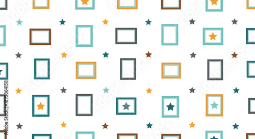 Seamless pattern of assorted decorative frames and stars in muted colors on white background