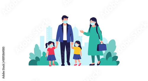 Family of four wearing protective face masks walking together in an urban city park environment to ensure safety during the pandemic.