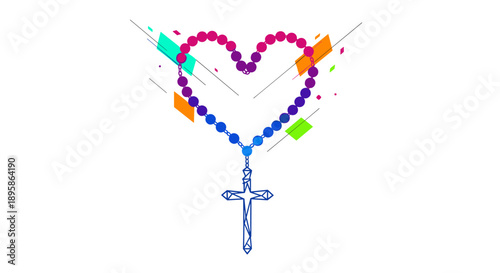 Creative illustration of rosary beads formed into a heart shape with a cross at the bottom symbolizing faith and divine love.