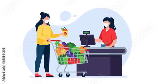 Female customer with a grocery cart full of vegetables paying at the supermarket checkout where a cashier is working behind a desk.