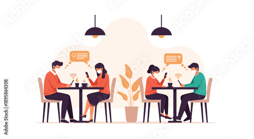 People wearing face masks sit at cafe tables while using their smartphones for social distancing and digital communication indoors.