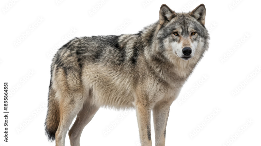 Obraz premium Gray wolf standing, full body, looking at camera, isolated on white
