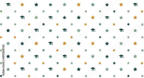 Seamless pattern of graduation caps and stars in muted colors on white background, flat design vector