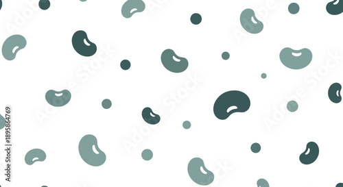 Seamless pattern of stylized beans and dots in shades of green and grey on a white background