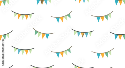 Colorful bunting flags in a repeating pattern on a white background, flat design vector