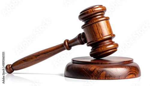 Brown, wooden gavel resting on a base. Rings around handle and head; the base is also wooden