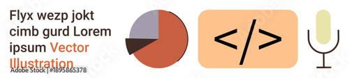 Data analysis, coding, tech tools, sound recording, software design, digital communication. Pie chart, coding brackets and a microphone icon. Data analysis and coding conceptual design