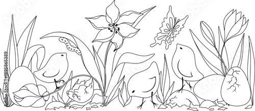 Chickens with flowers and eggs. Easter birds. Chickens sitting, standing and playing among the tulip flowers. Vector isolated decorative element.