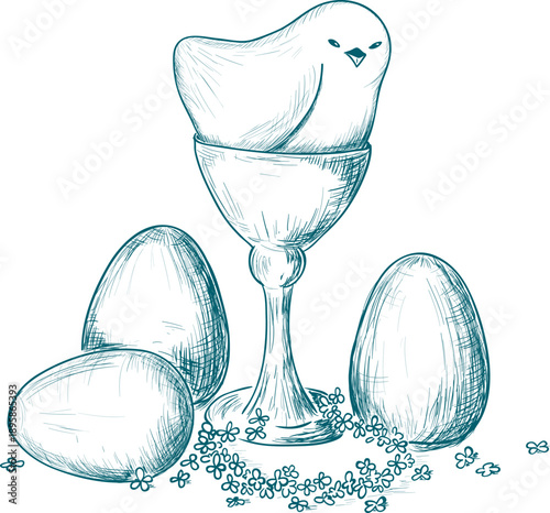 Chicken in the cup with eggs and flowers. Hand drawn vintage decoration element. Vector ink outline easter sketch illustration.